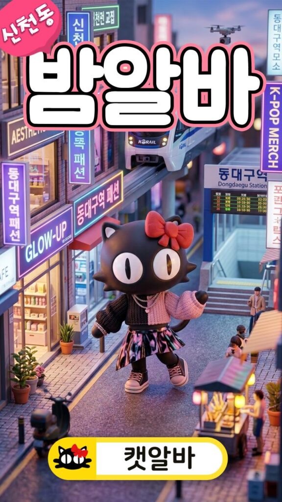 대구광역시 동구 신천동 동부로 메인 유흥 상권 미니어처 배경 무대에서 파격적이고 여성스러운 힙 캐주얼 치마를 입고 춤추는 캣알바 캐릭터