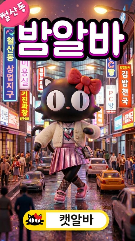 경기도 광명시 철산동 메인 상업지구 상권 미니어처 배경 무대에서 파격적이고 여성스러운 힙 캐주얼 치마를 입고 춤추는 캣알바 캐릭터
